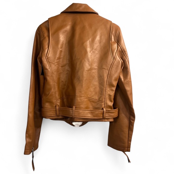Rebecca Minkoff Cognac Brown Vegan Faux Leather Moto‎ Jacket Biker Zip Up Small - Picture 2 of 13